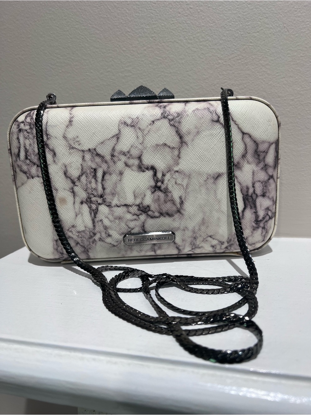 Rebecca Minkoff Marble Print Box Clutch Crossbody Bag with gunmetal chain